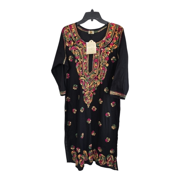 Ada Embroidered Floral Dress Womens XL Black Red Slits Flowy  Boho Art New - Picture 1 of 14